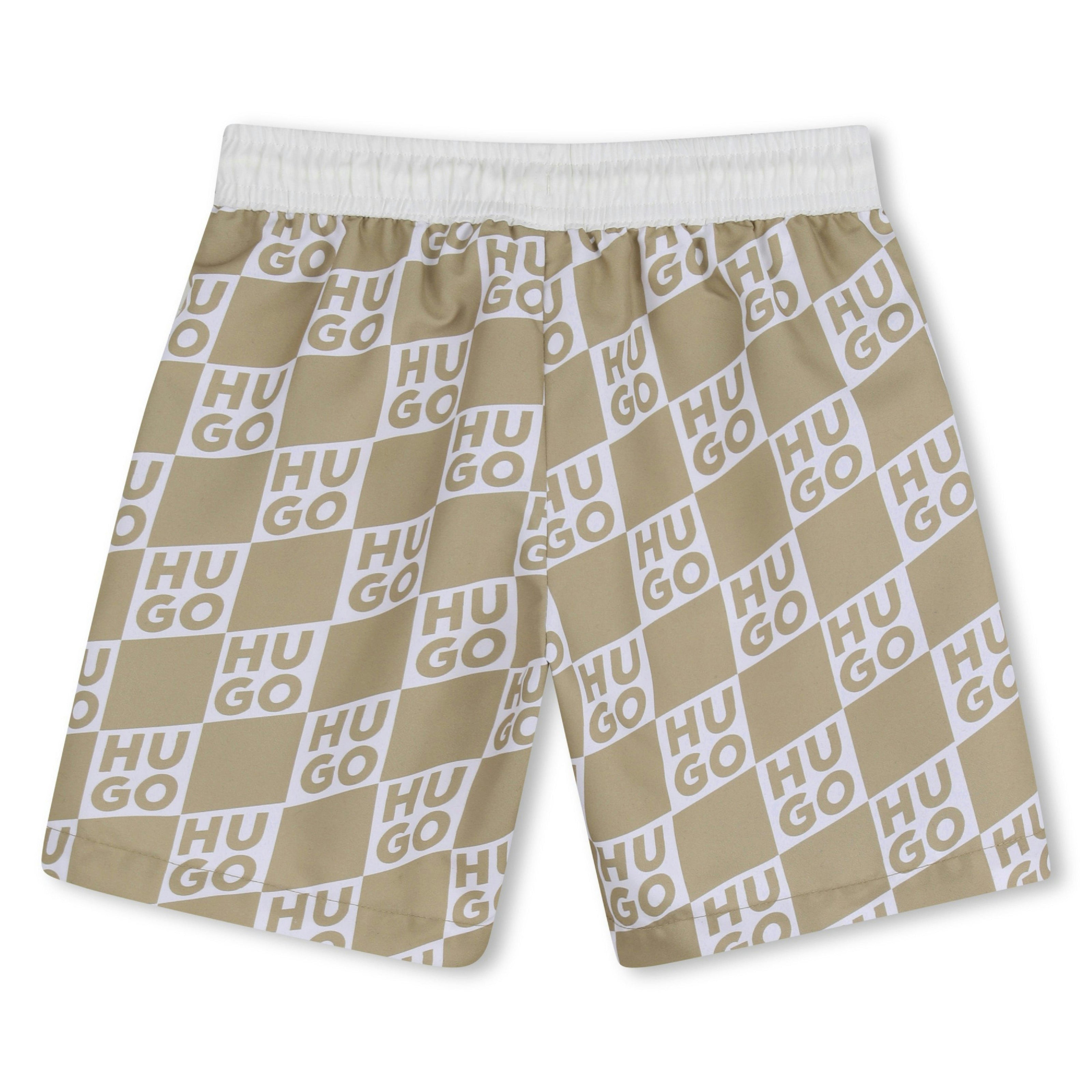 Beige Swim Shorts with All-Over Logo Print