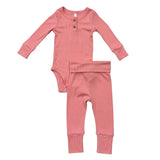 Ribbed Henley Bodysuit Set in Rose Elegance