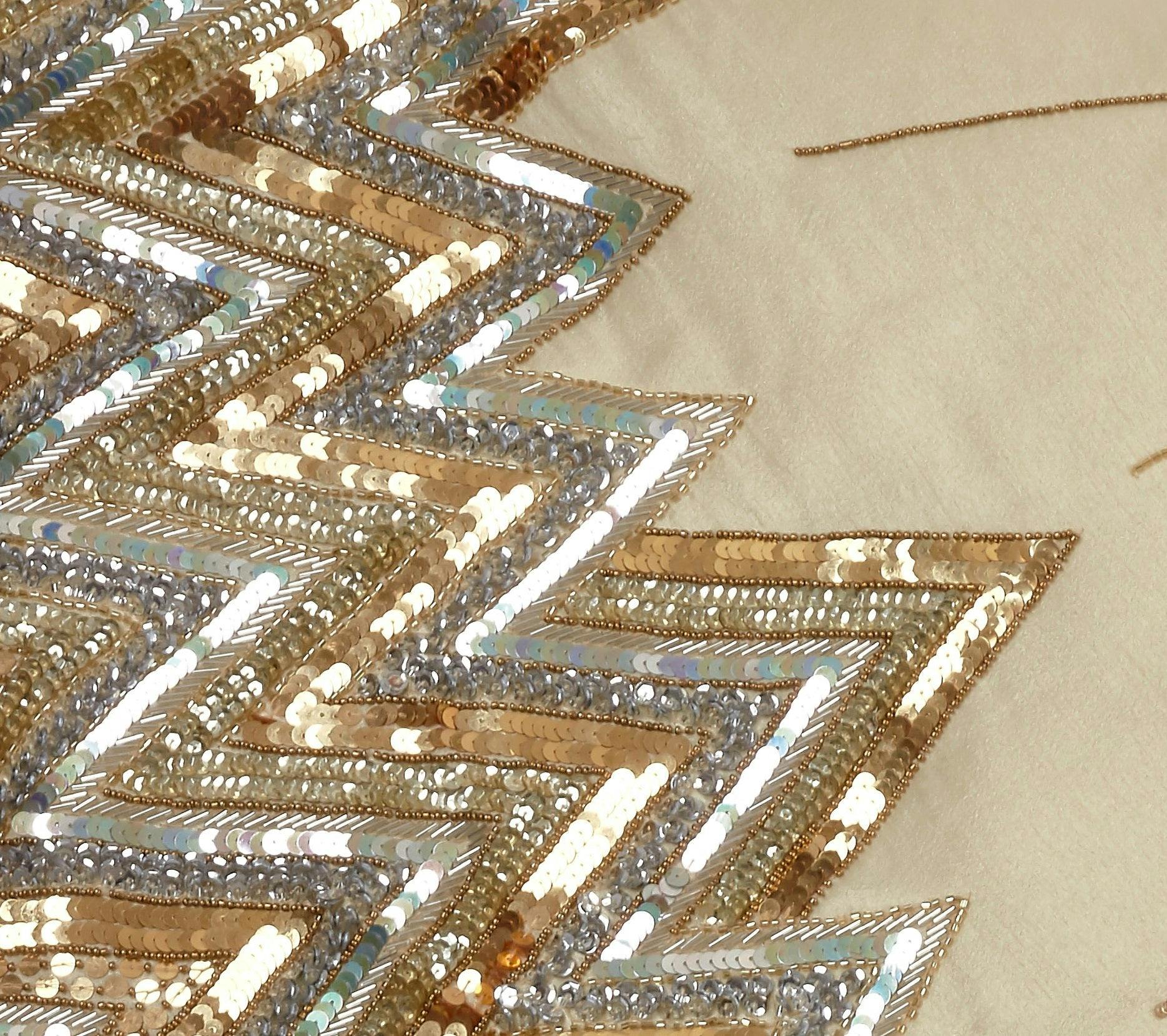 Hand Beaded Metallic Starburst French Vanilla Silk Christmas Tree Skirt 60