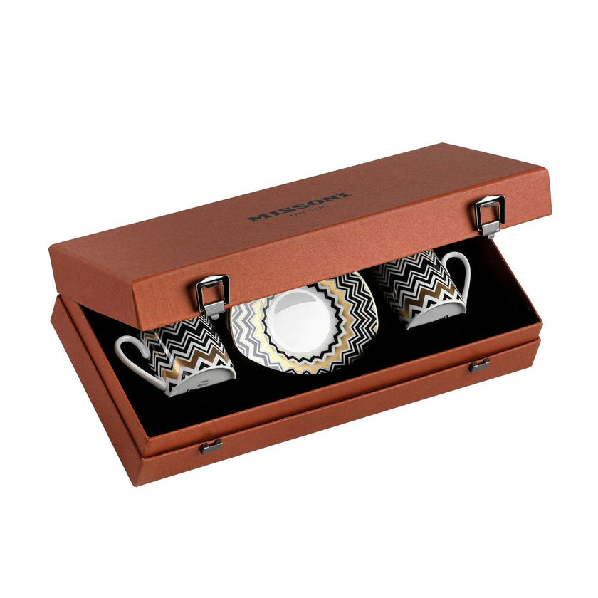 Coffee Cup & Saucer ZIG ZAG Set of 2 in Luxury Box Gold diam. 2.3", H 2.5", Cap. 4 oz, Saucer diam. 4.75"