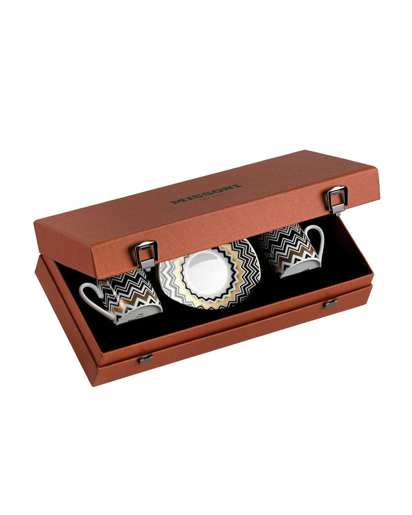 Coffee Cup & Saucer ZIG ZAG Set of 2 in Luxury Box Gold diam. 2.3", H 2.5", Cap. 4 oz, Saucer diam. 4.75"