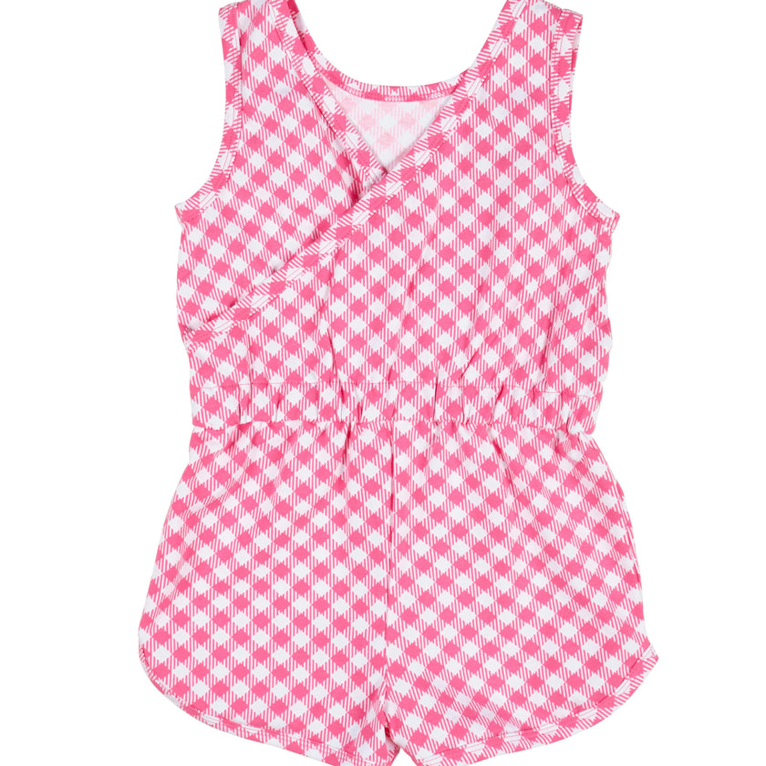 Gingham Print Knit Romper With Strawberries