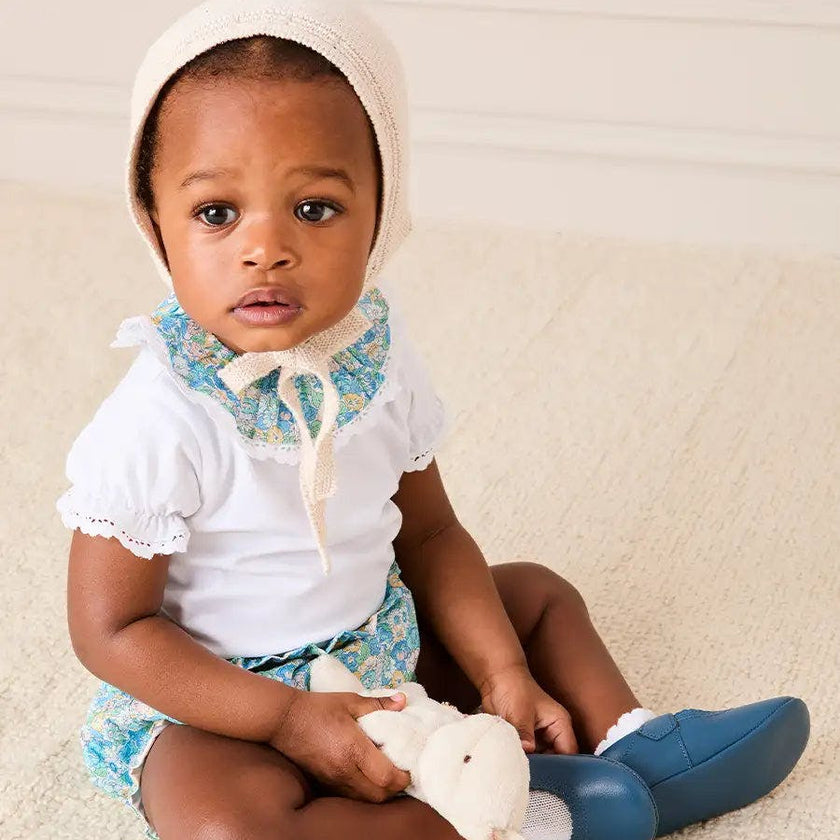 Leontyne Floral Ruffle Collar Lace Detail Bodysuit in Blue Made with Liberty Fabric (1mth-3yrs)