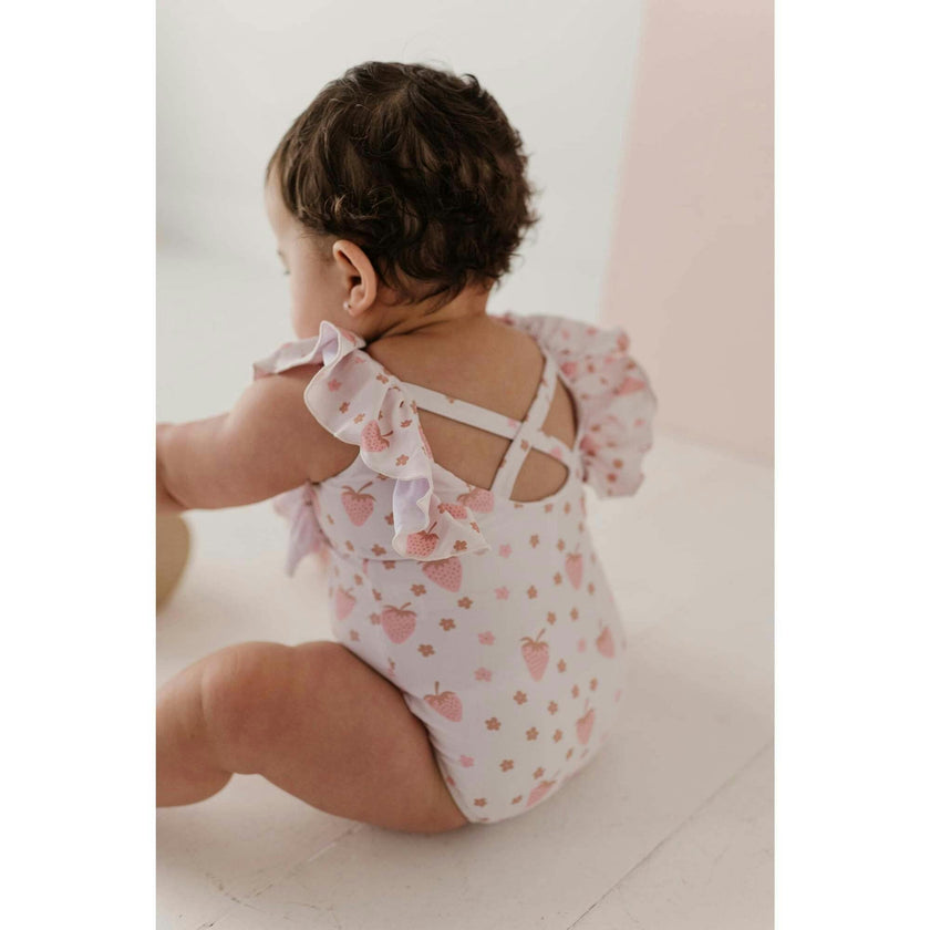 Girl's Ruffle Sleeve Cross Back Swimsuit