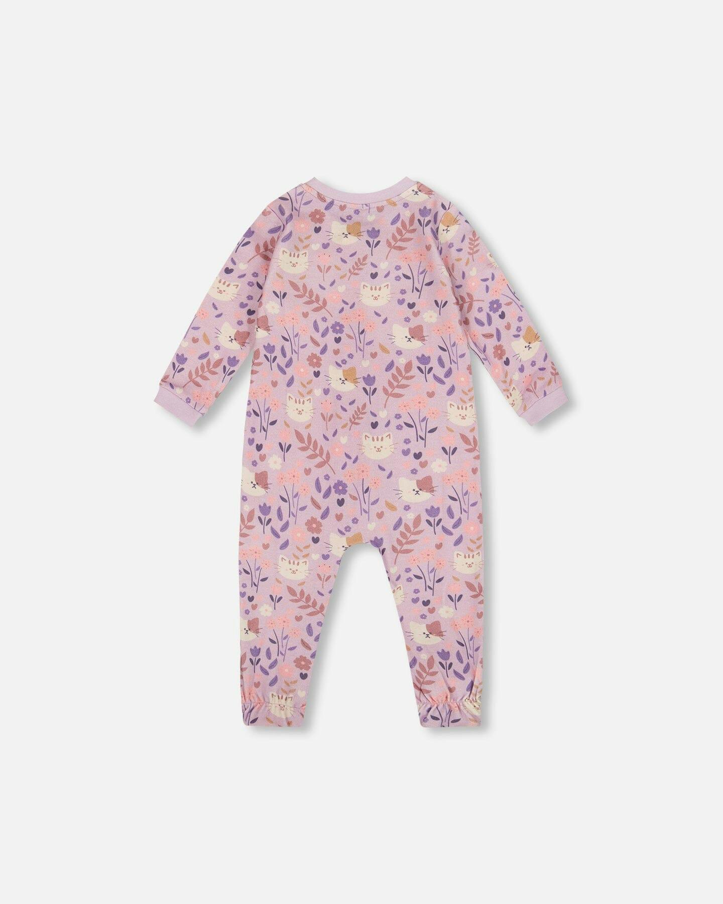 One-Piece Organic Cotton Pajama Lilac Cat Print