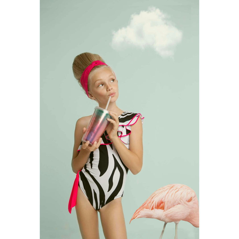 Helen Print Ruffle One-Shoulder Contrast Trim Swimsuit