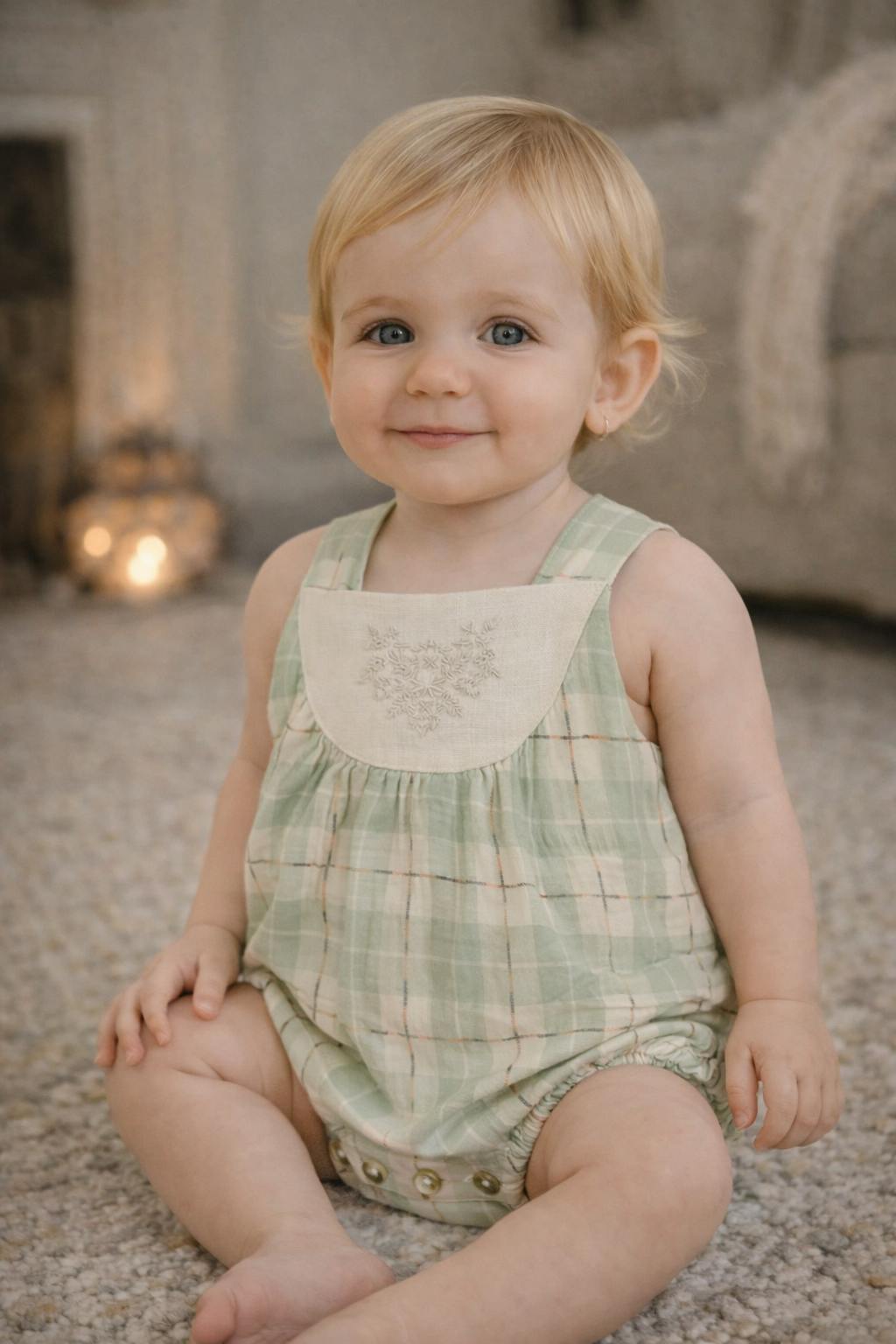 Embroidered Windowpane Romper