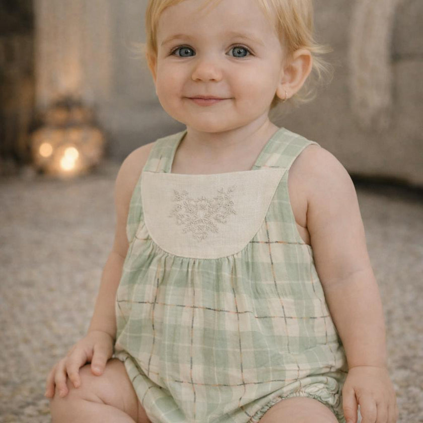 Embroidered Windowpane Romper
