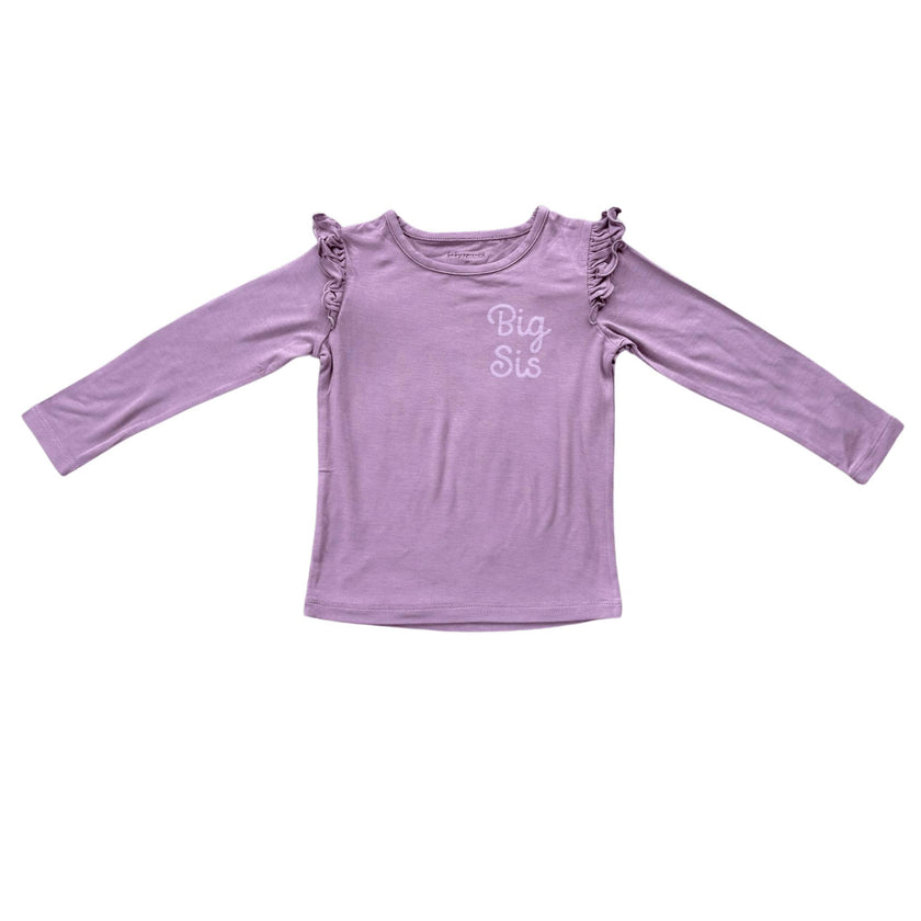Girls Long Sleeve Ruffle Top in Big Sis in Dusky Orchid