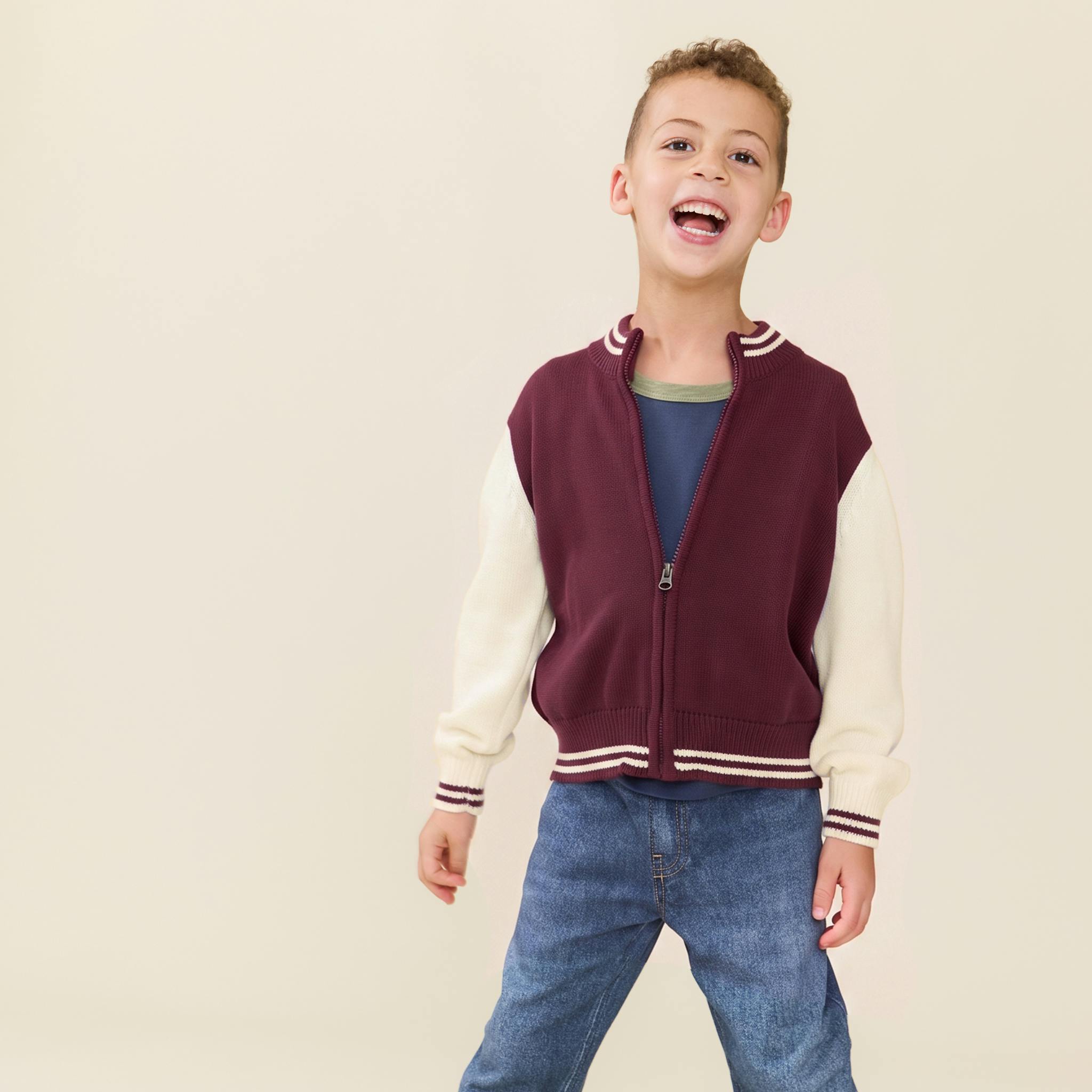 Boys Varsity Zip Sweater - Burgundy Cream