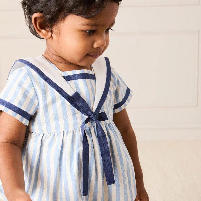 Regency Stripe Mariner Collar Bow Detail Romper in Blue (6mths-2yrs)