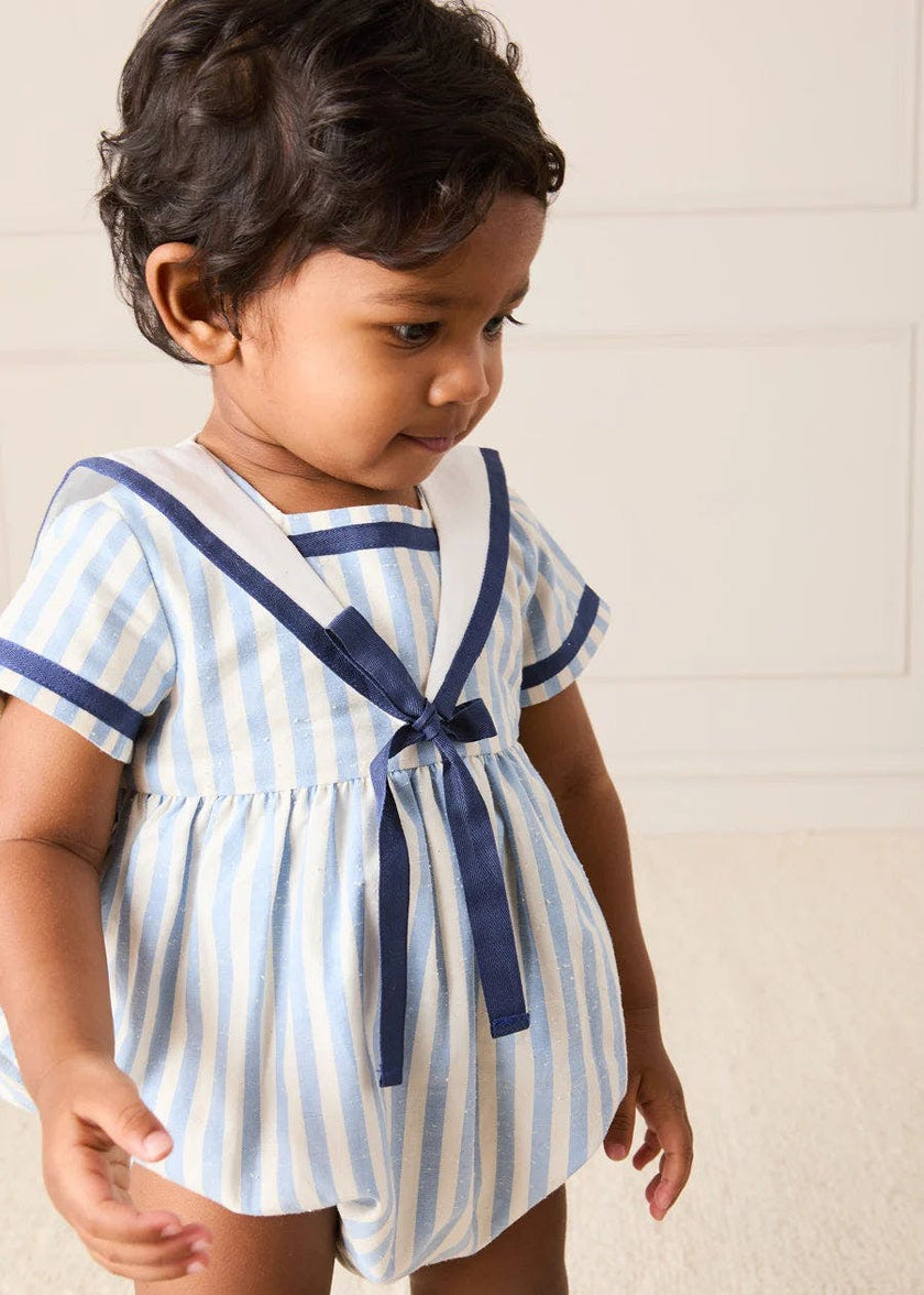 Regency Stripe Mariner Collar Bow Detail Romper in Blue (6mths-2yrs)