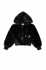 Velvet Zip Hoodie with Embroidered Hearts, Black