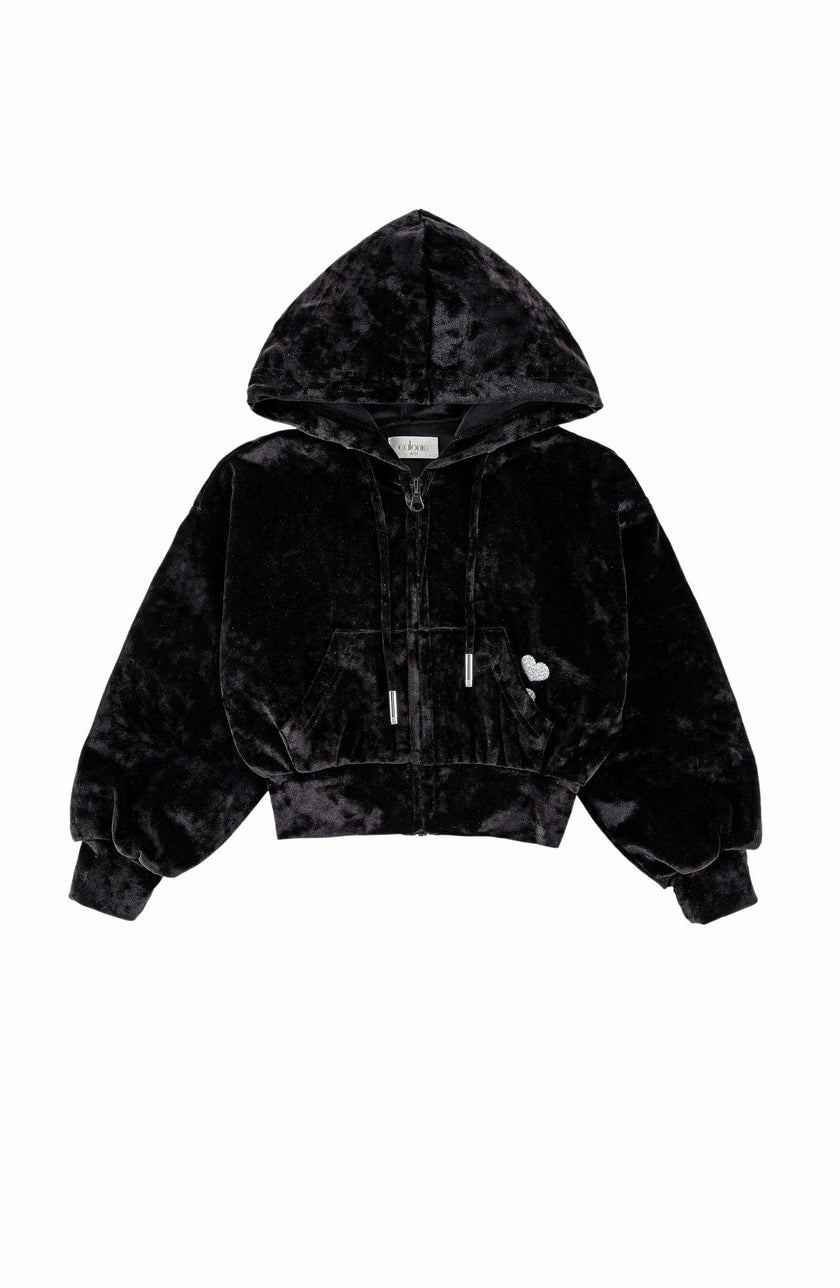 Velvet Zip Hoodie with Embroidered Hearts, Black