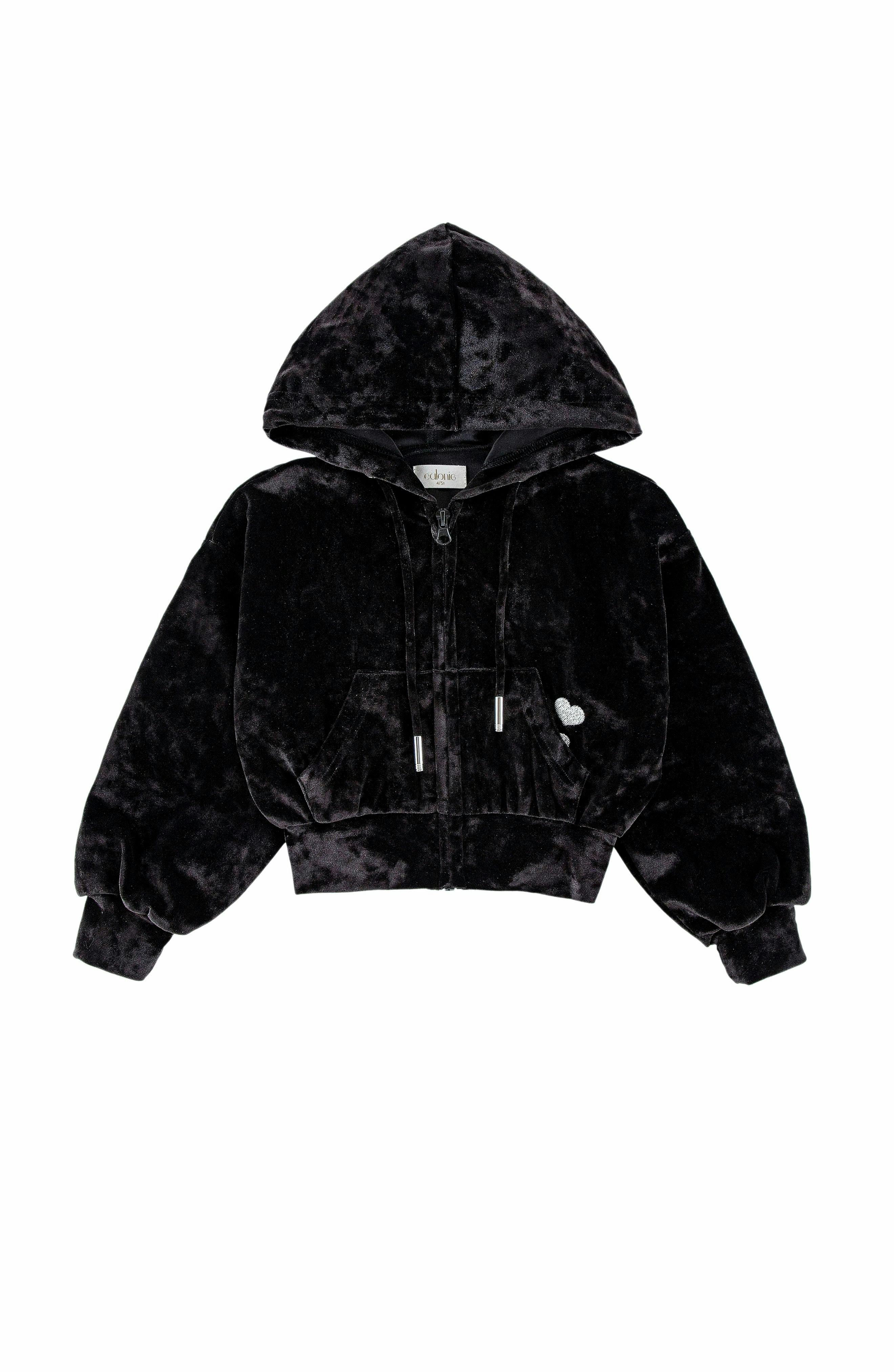 Velvet Zip Hoodie with Embroidered Hearts, Black