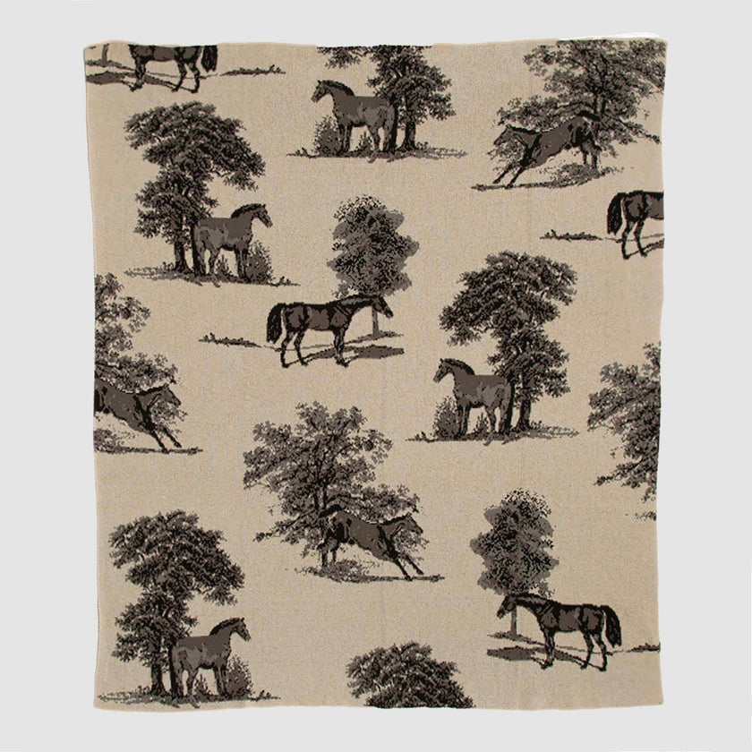 Cotton Sustainable Knit Throw Blanket - Equestrian Toile