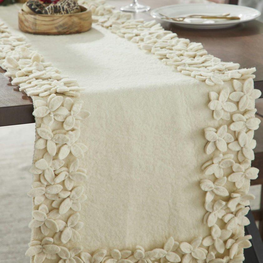 Hand Felted Wool Floral Border Table Runner Cream, 16" x 90"