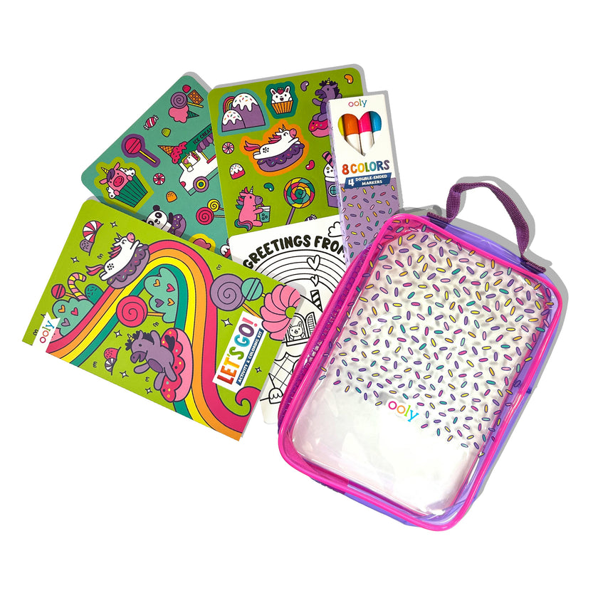 Let's Go! Activity & Coloring Kit - Unicorn Candy Town - Activity Book Markers Postcards Stickers