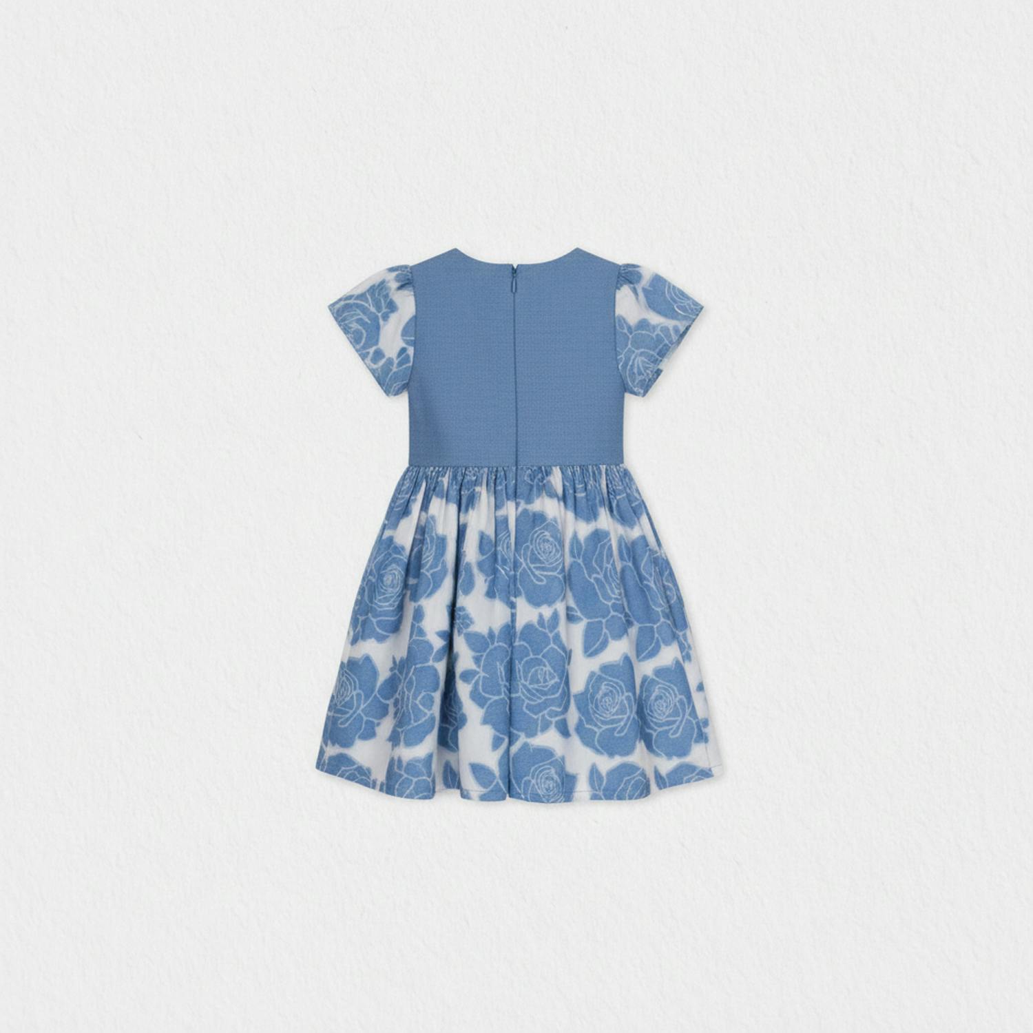 Enissa Girl Dress Short Sleeve, Blue Denim Flower