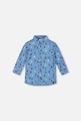 Printed Long Sleeve Button Front Chambray Shirt Blue