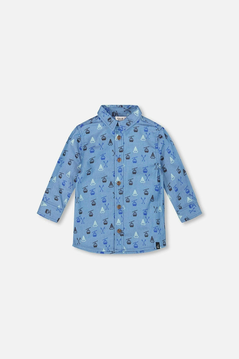 Printed Long Sleeve Button Front Chambray Shirt Blue