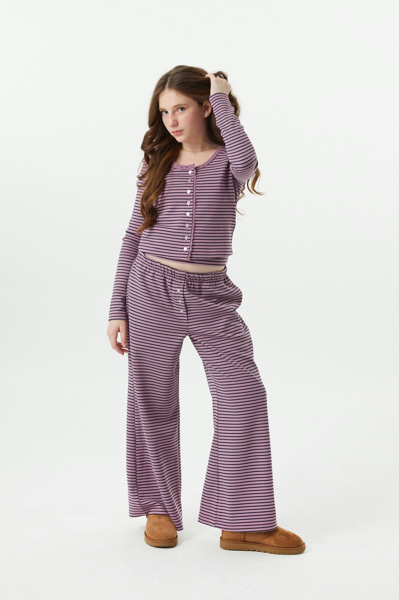 Dylan Mauve and Navy Stripe Wide Leg Pants