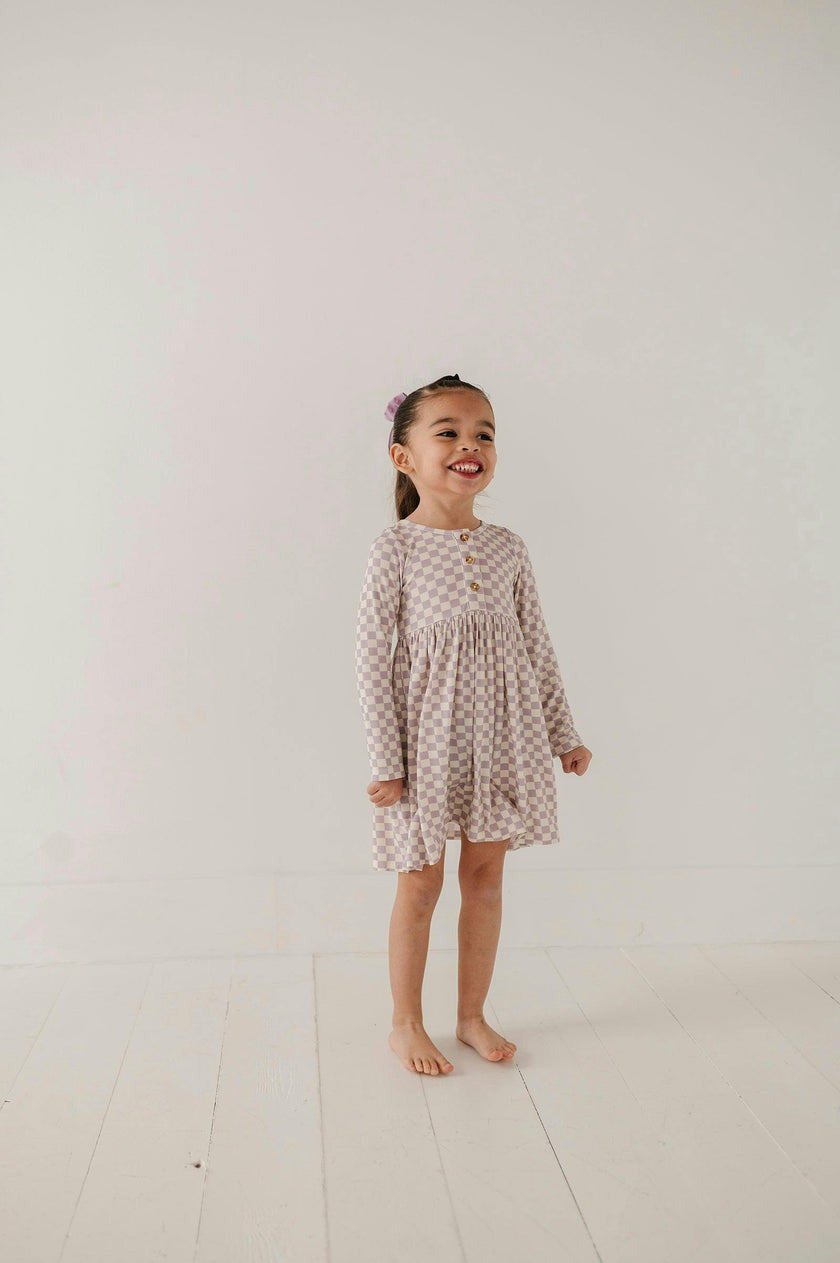 Girls Long Sleeve Henley Dress in Lavender Cloud Checkered