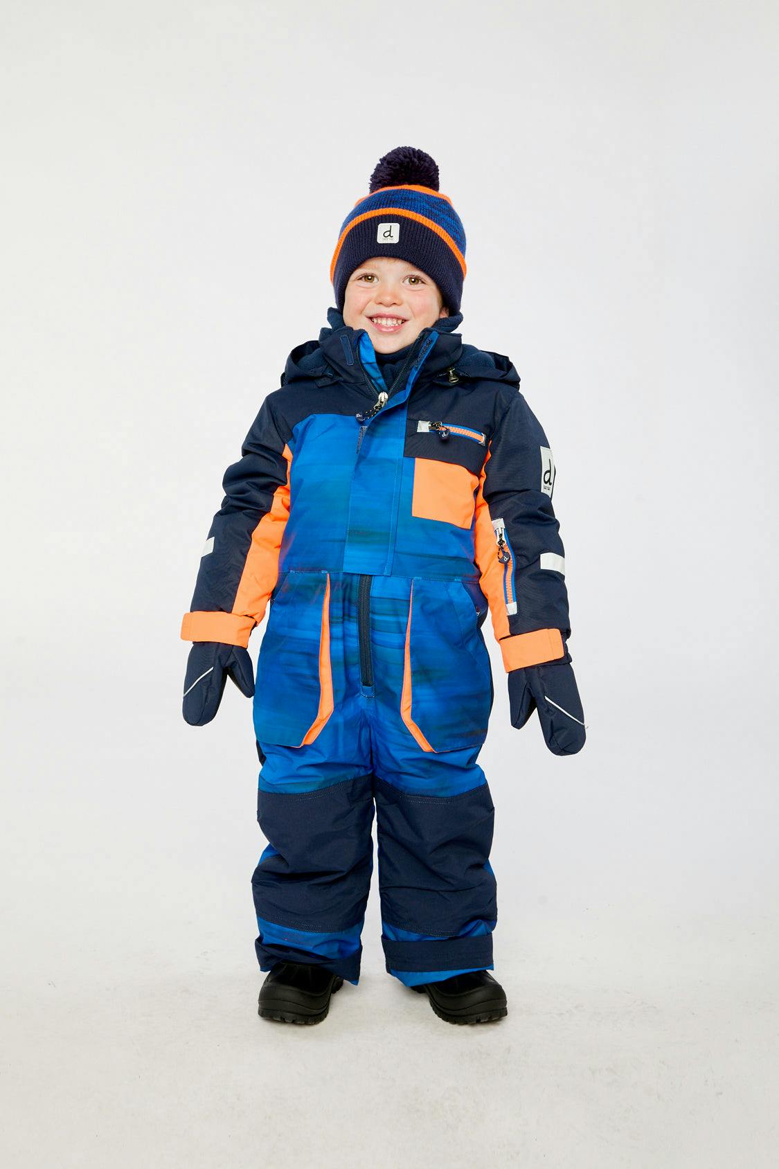 Kids One Piece Play Snowsuit Blue With Black Stripes