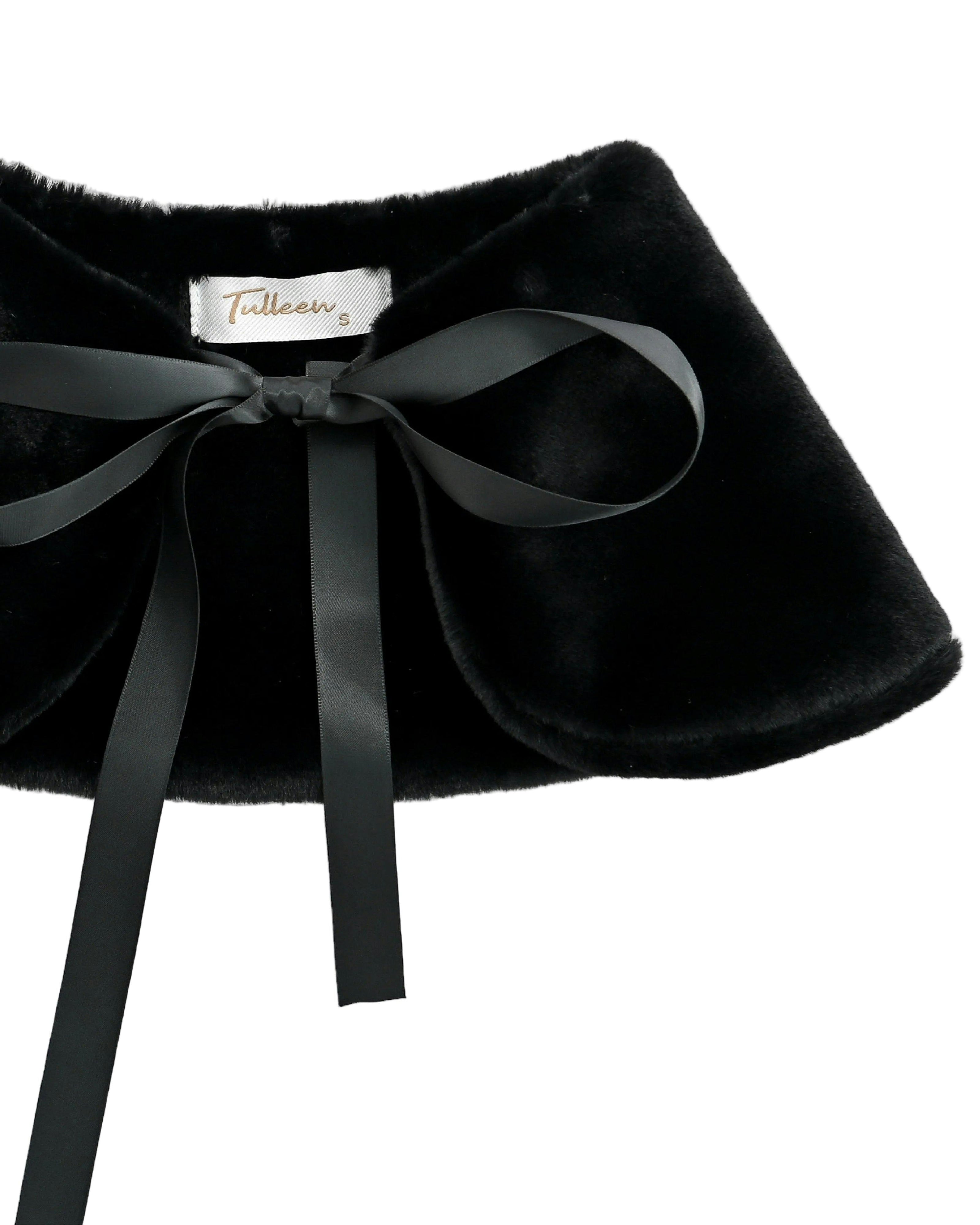 Black Ribbon-Tie Faux Fur Collar
