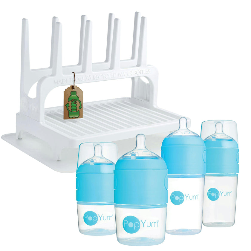 PopYum Blue Baby Bottle Set 4-Pack with White Drying Rack & Clear Drying Mat Bundle