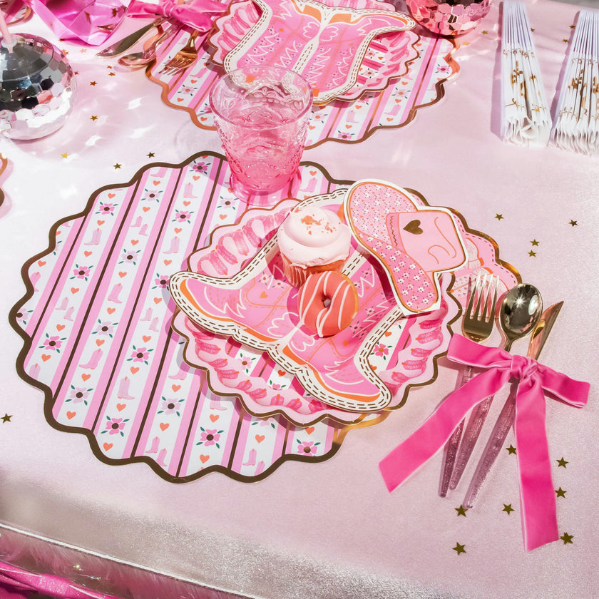 Packed Party Boot Scoot Blooms Western Round Paper Placemats 10ct - Gold Foil Pink Western Pattern 15 Inch Placemats for Western Parties