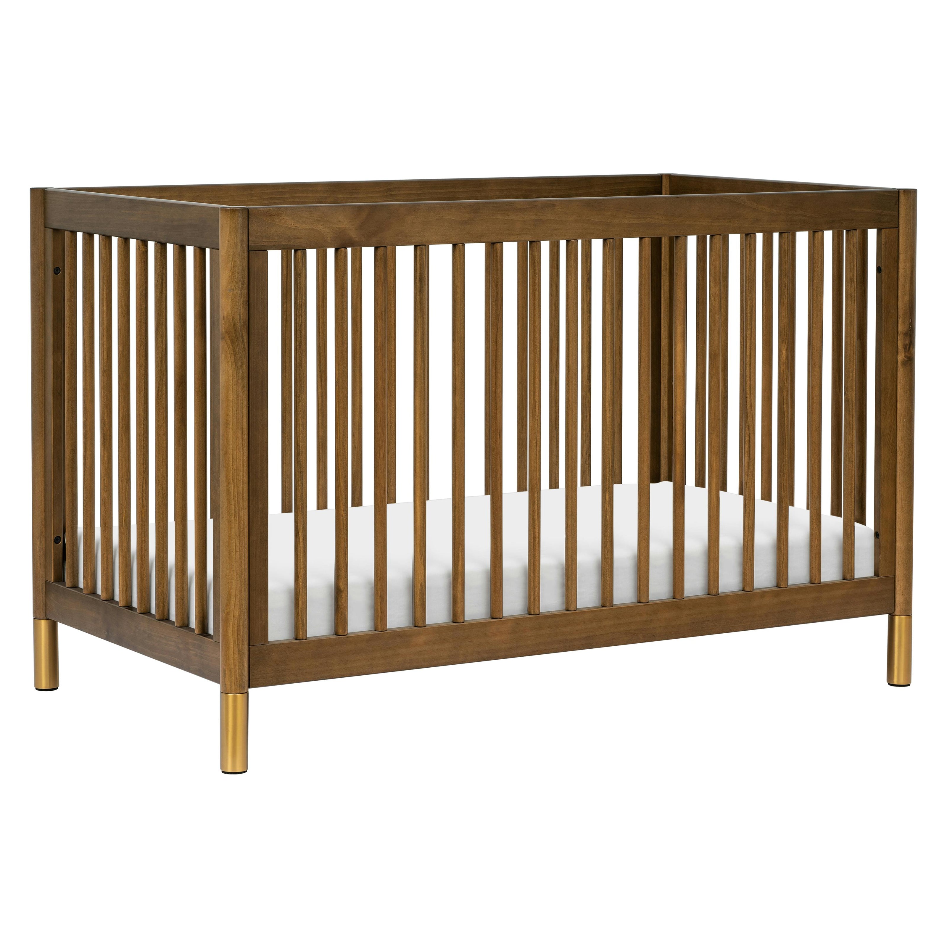 Gelato 4-in-1 Convertible Crib with Toddler Bed Conversion Kit in Natural Walnut & Gold Feet