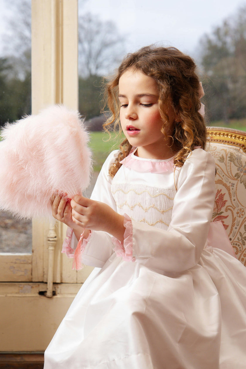 Sofia White Taffeta Long Sleeve Smocked Dress