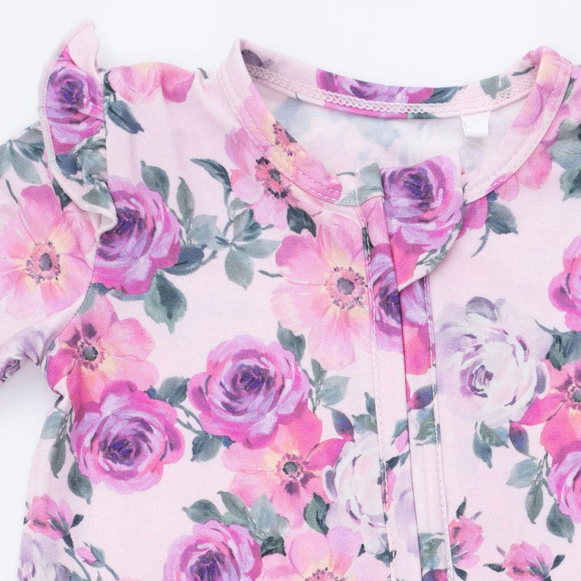 Rose Abundance - 2 Way Ruffle Sleeve Zipper Footie