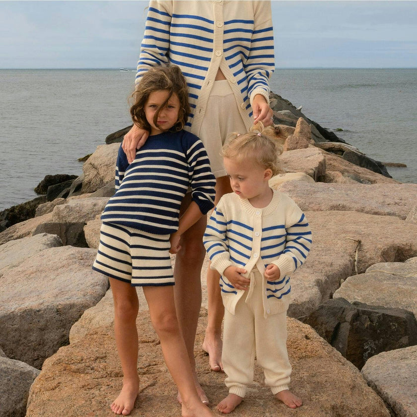 Unisex Cream And Blue Stripe Knit Cardigan