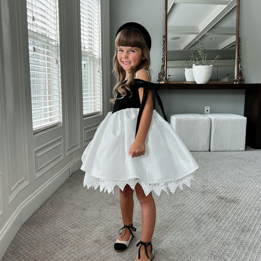 Audrey Black Velour Top and White Sateen Dress