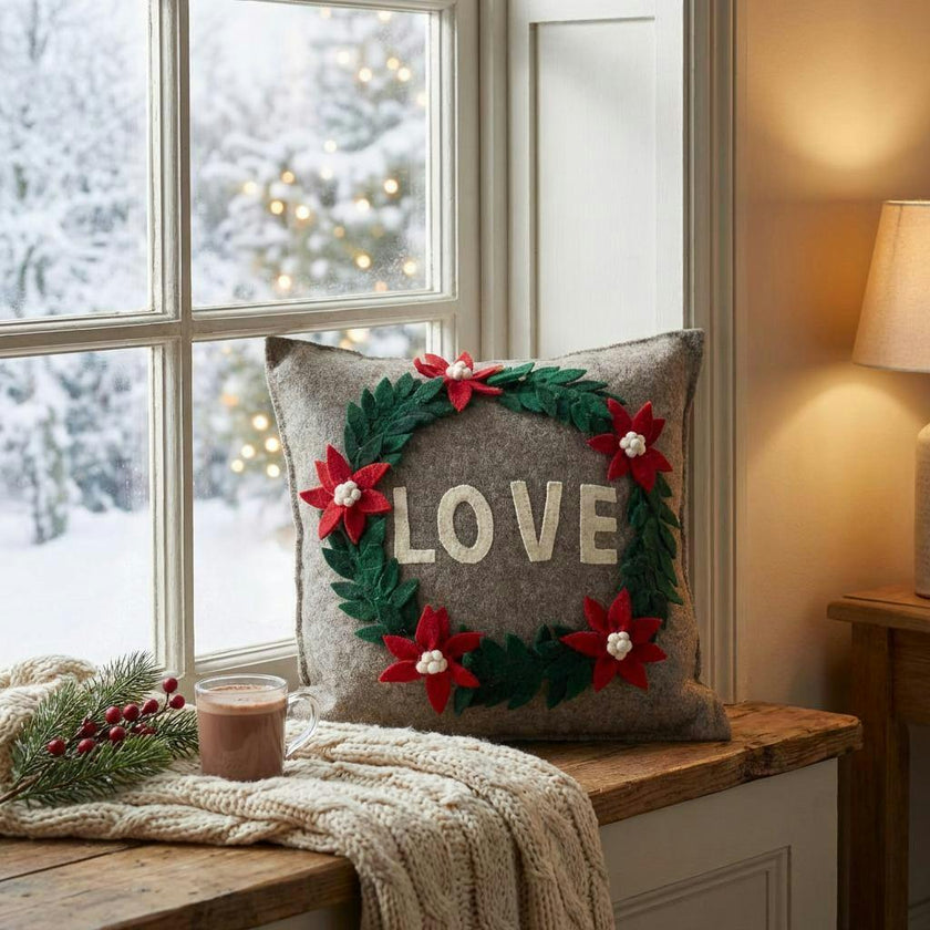 Handmade Pillow Hand Felted Wool - LOVE Wreath Gray - 20"