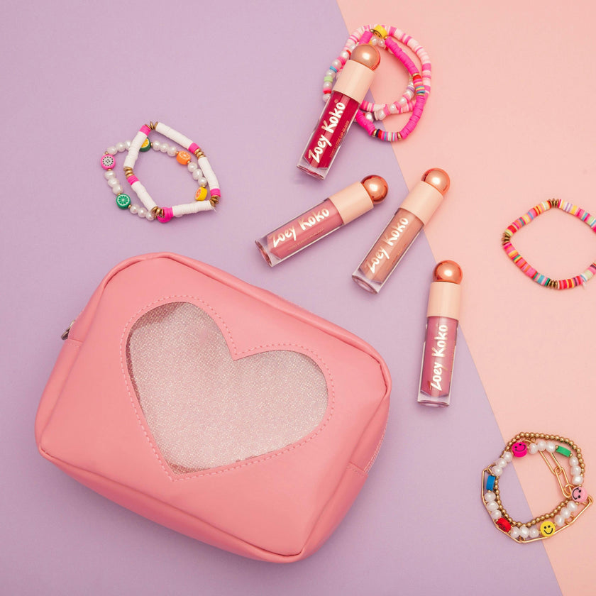 Pink Glitter Heart Cosmetic Bag