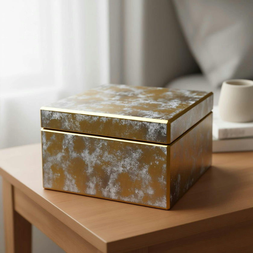 Handmade Reverse Painted Mirror Square Box Antique Gold and Silver - Large