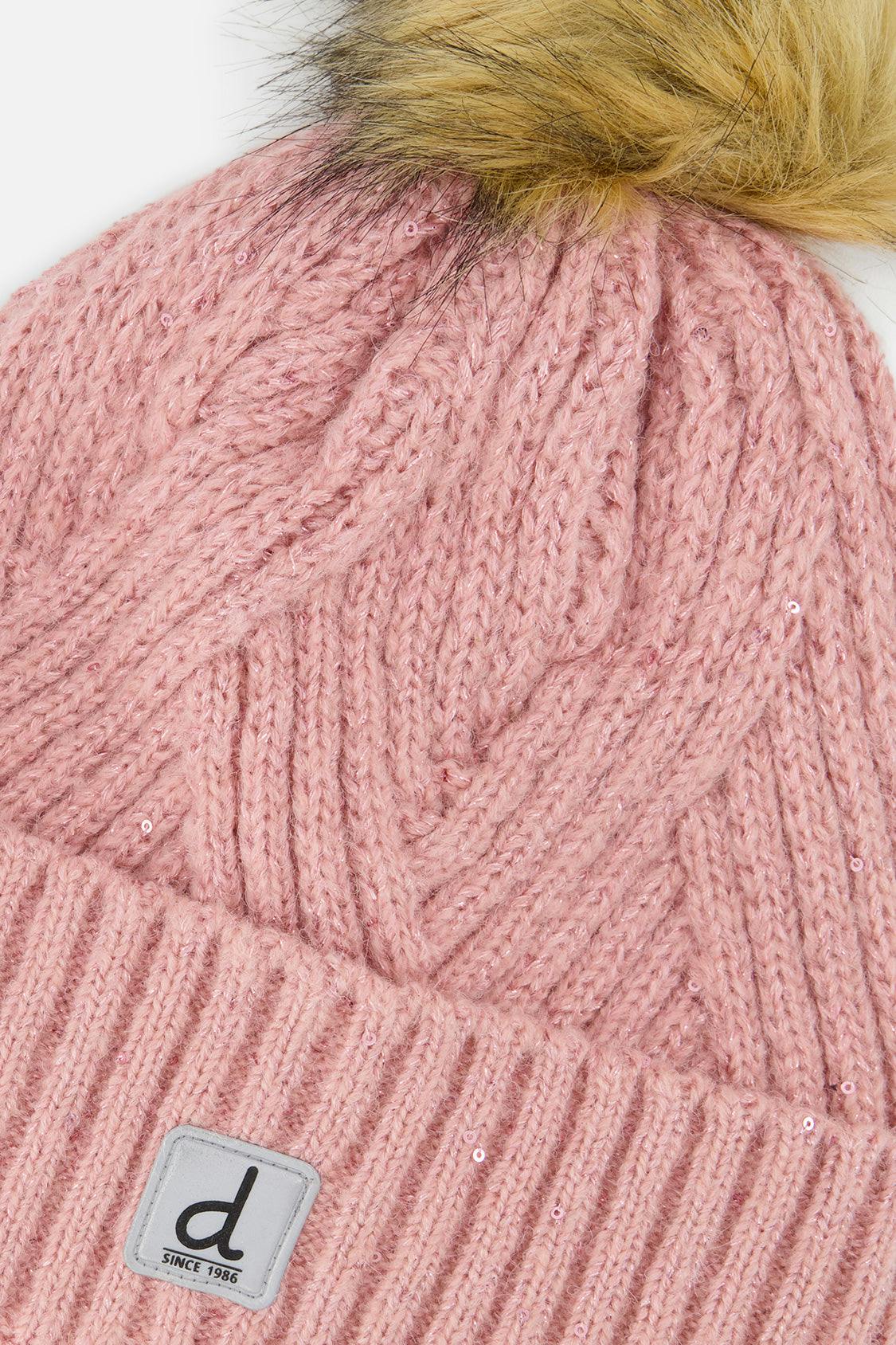 Winter Knit Hat with Pompom Pale Dusty Pink