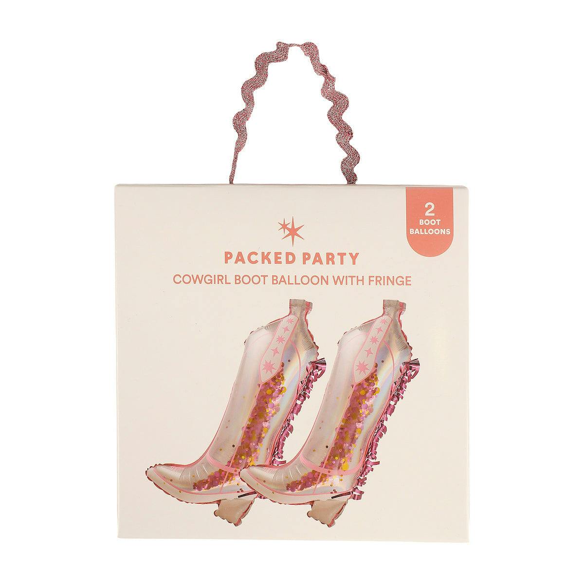 Packed Party Confetti and Fringe Cowboy Boot Mylar Balloons Set of 2 - 21-Inch Pink Boot-Shaped Balloons with Confetti Fill and Shiny Fringe Detailing