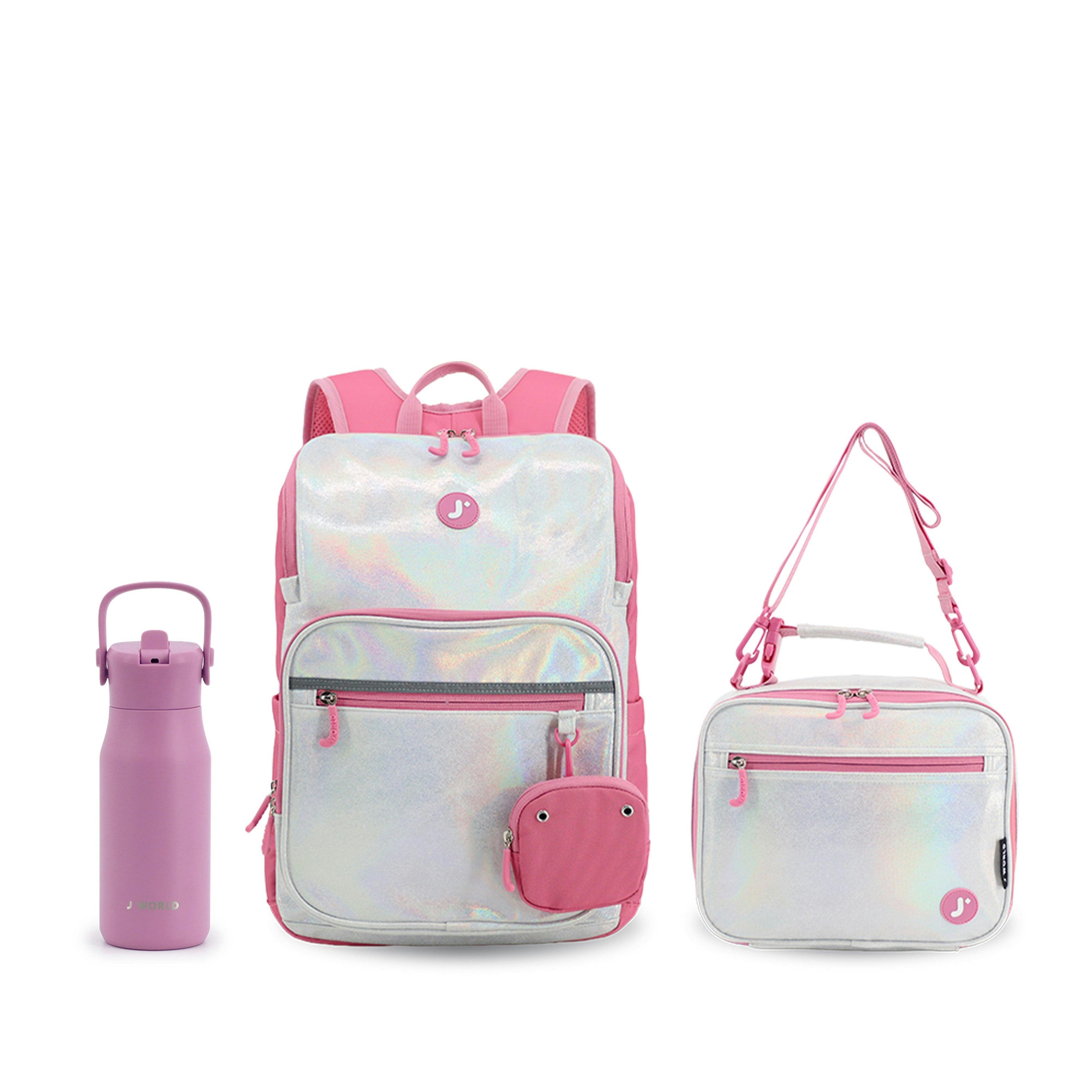 Junior Backpack with Lunch Box and 14oz Water Bottle For School in Metallic Silver