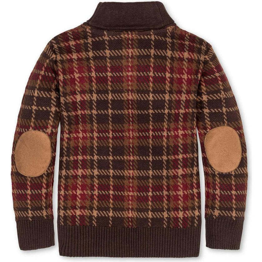 Big Kids Organic Long Sleeve Intarsia Shawl Collar Sweater with Elbow Patches, Brown