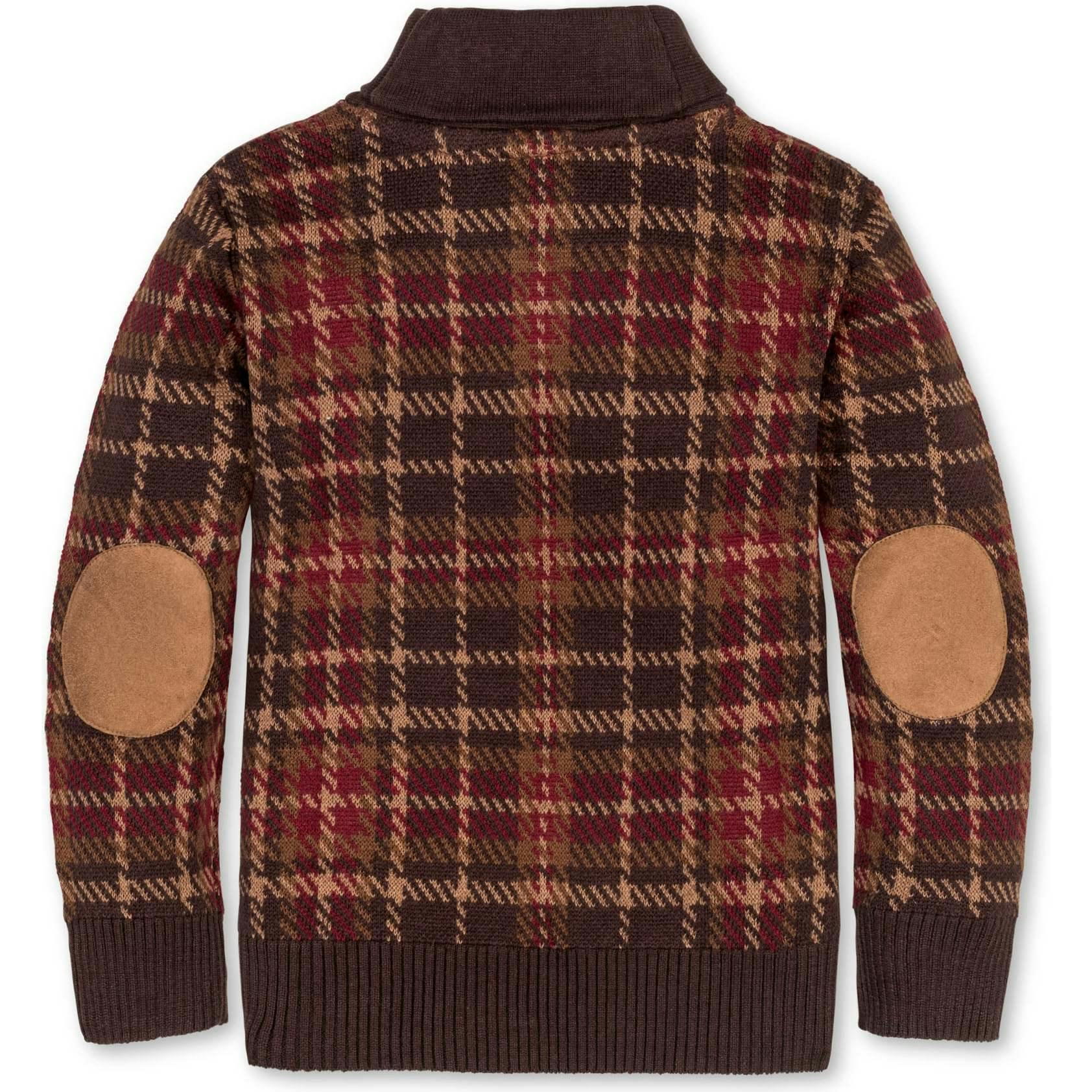 Big Kids Organic Long Sleeve Intarsia Shawl Collar Sweater with Elbow Patches, Brown