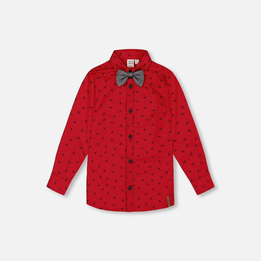 Printed Reindeer Poplin Shirt With Bow Tie Red