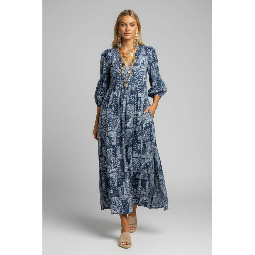 Amalie Women's Kaftan Patchwork Bandana, Navy