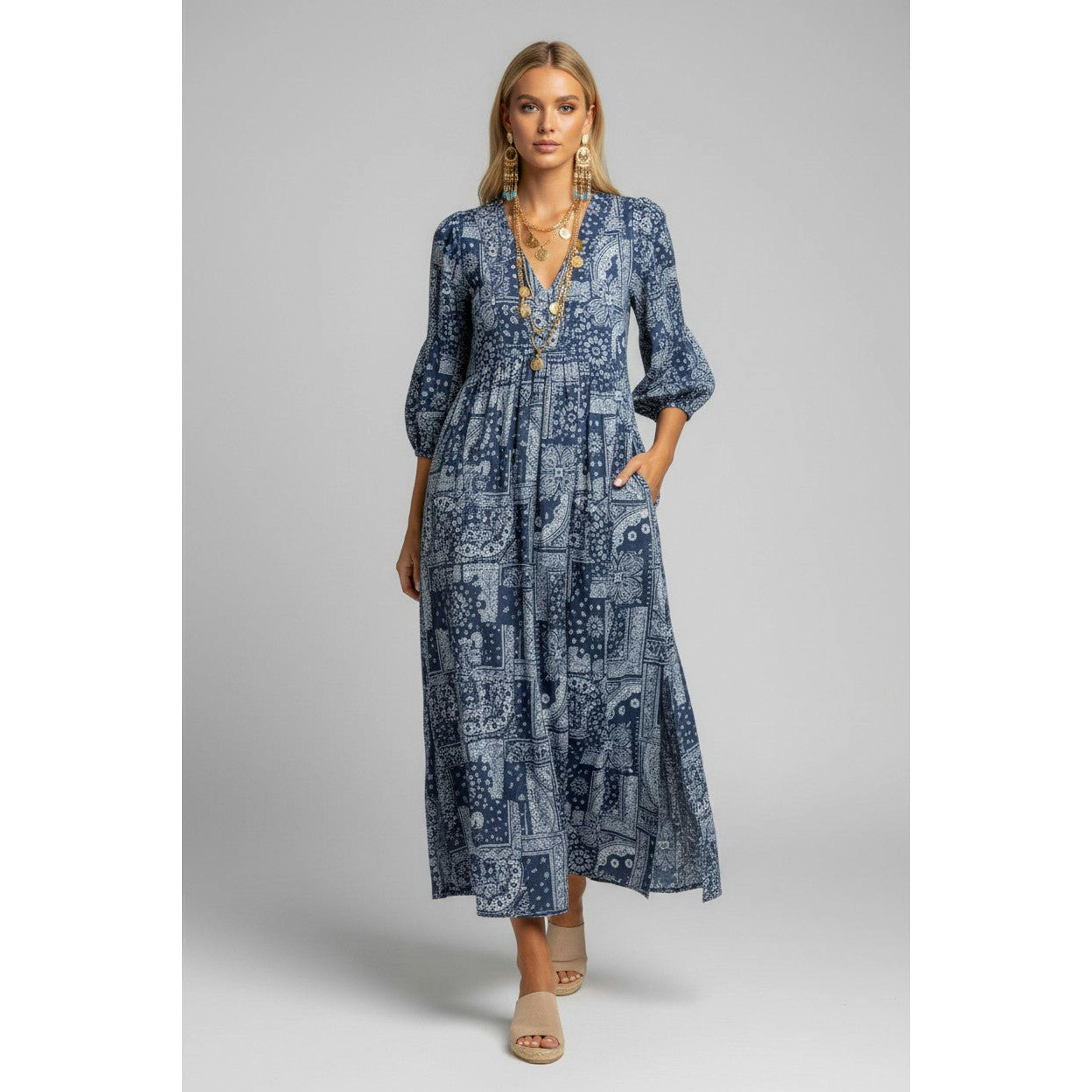 Amalie Women's Kaftan Patchwork Bandana, Navy