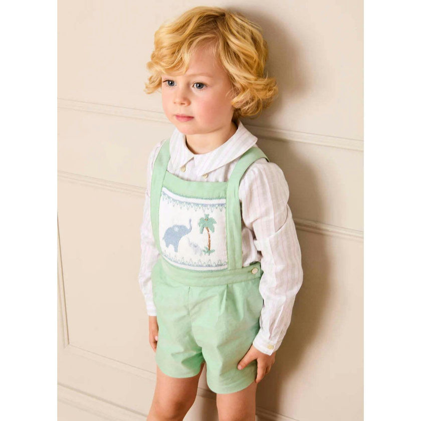 Elephant Embroidered Smocked Dungarees in Sage Green (18mths-4yrs)