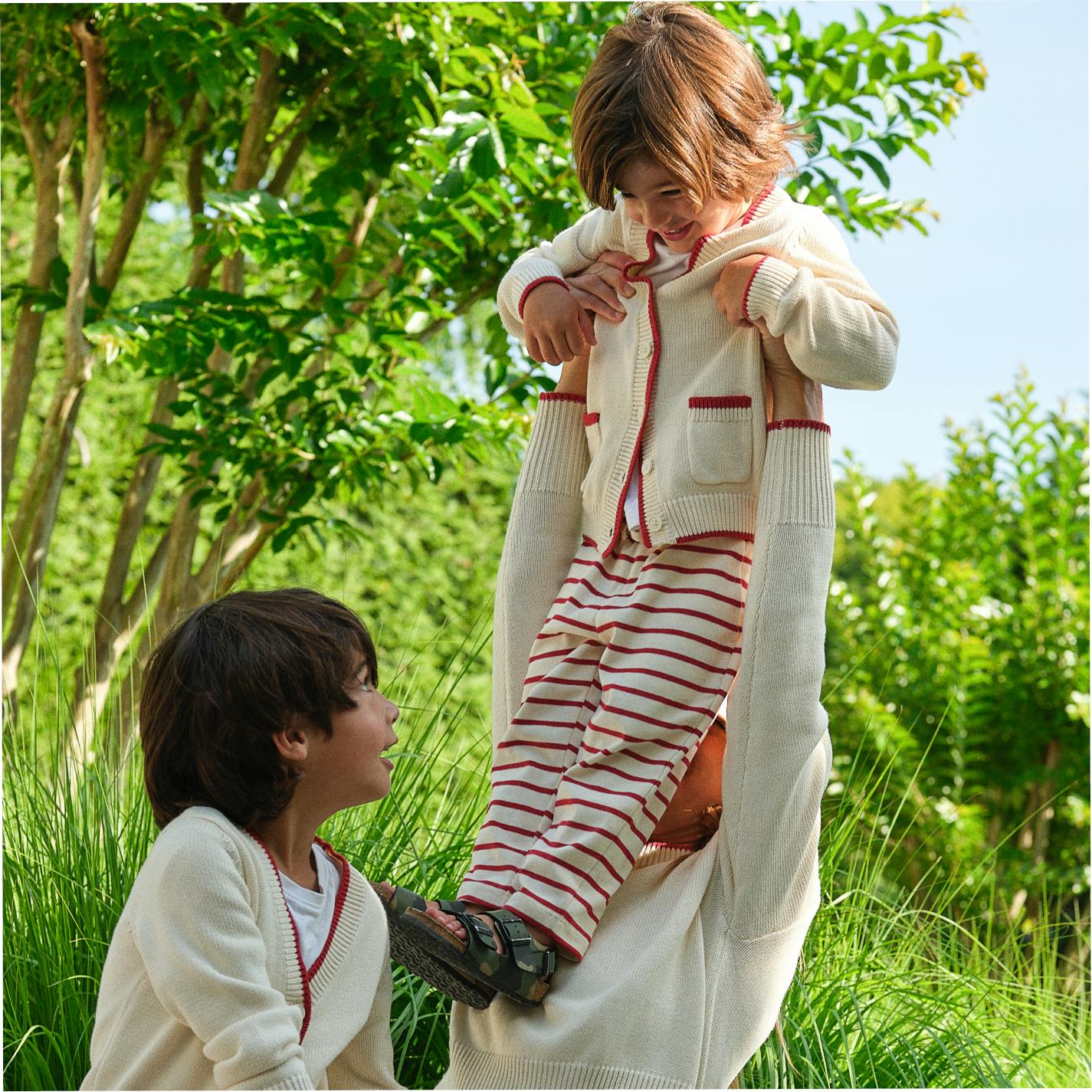 unisex cream and red stripe pant