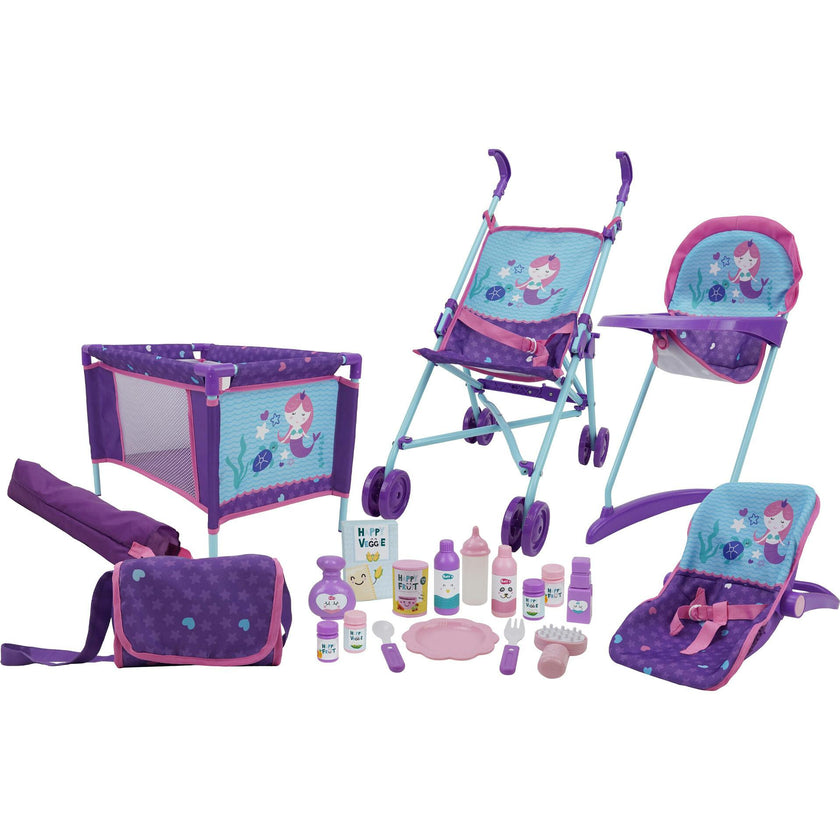 509 Mermaid 21 Piece Set: Doll Stroll n Play & Care Set - Purple & Teal